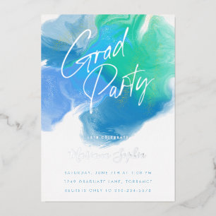 Invitación Con Relieve Metalizado Baño de color azul verde Grad Party plata