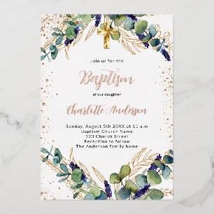 Invitación Con Relieve Metalizado Baptism eucalipto verde purpurina de oro
