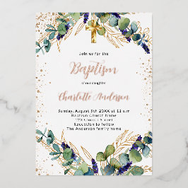 Invitación Con Relieve Metalizado Baptism eucalipto verde purpurina de oro
