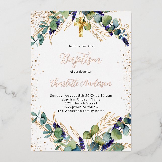 Invitación Con Relieve Metalizado Baptism eucalipto verde purpurina de oro (Anverso)