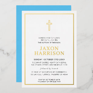 Invitación Con Relieve Metalizado BAPTISM moderno minimalista niño cruzado azul