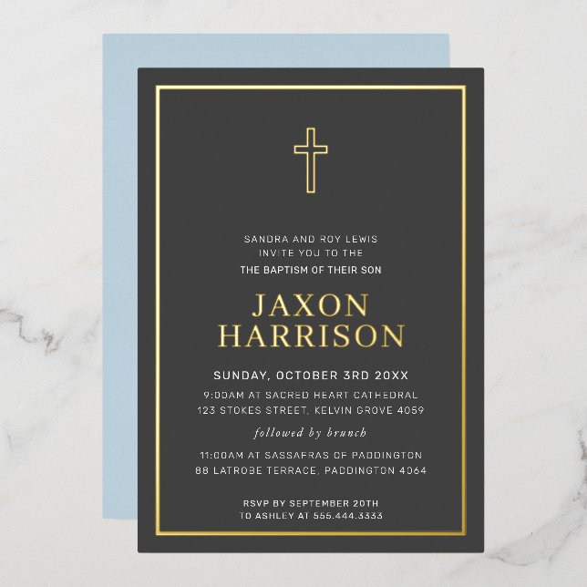 Invitación Con Relieve Metalizado BAPTISM moderno minimalista niño cruzado azul bebé (Anverso/Reverso)