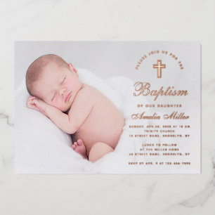Invitación Con Relieve Metalizado Baptism Photo Simple Calligraphy Rosa Gold Script