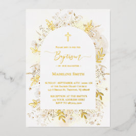 Invitación Con Relieve Metalizado Baptismo acuarela flores amarillas blancas