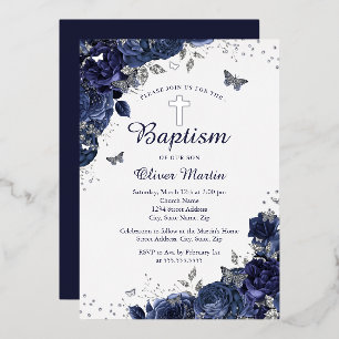 Invitación Con Relieve Metalizado Baptismo azul de varón mariposa floral