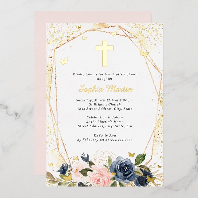 Invitación Con Relieve Metalizado Baptismo Chica floral de la Cruz de Oro de la Mari (Anverso/Reverso)