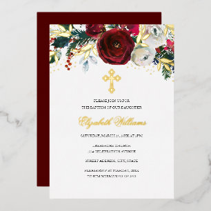 Invitación Con Relieve Metalizado Baptismo Chica floral de oro rojo navidades