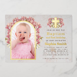 Invitación Con Relieve Metalizado Baptismo chica Primer cumpleaños Foto Orquídeas ro