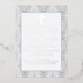 Invitación Con Relieve Metalizado Baptismo de encaje de imitación azul/cristianismo