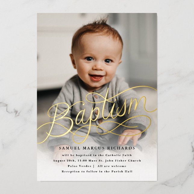 Invitación Con Relieve Metalizado Baptismo de foto bebé oro (Anverso)