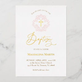 Invitación Con Relieve Metalizado baptismo de la corona rosa