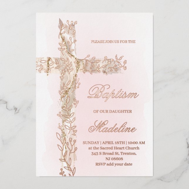 Invitación Con Relieve Metalizado Baptismo de la cruz sagrada (Anverso)