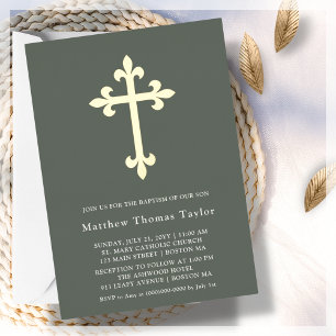 Invitación Con Relieve Metalizado Baptismo de la Cruz Verde del Oro Forestal