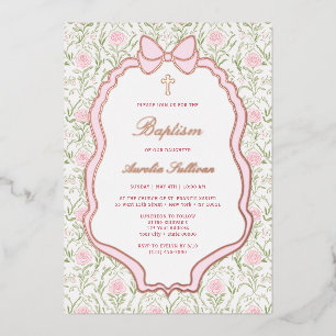 Invitación Con Relieve Metalizado Baptismo de los Rosas de marco de color rosa