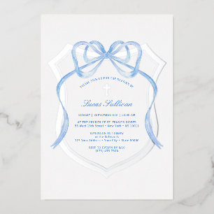 Invitación Con Relieve Metalizado Baptismo Escudo plateado azul claro