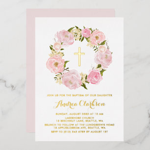Invitación Con Relieve Metalizado Baptismo femenino con flores de guisante rosa de R
