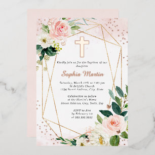 Invitación Con Relieve Metalizado Baptismo floral de la Cruz de Oro Rosa chica