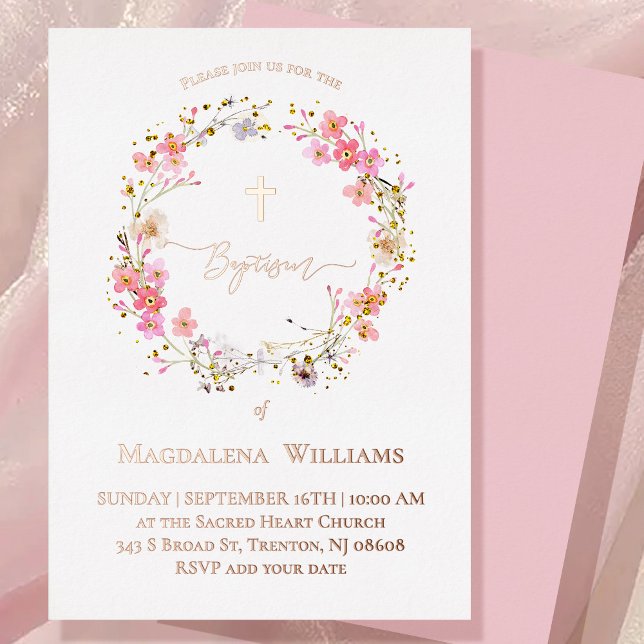 Invitación Con Relieve Metalizado Baptismo flores rosadas (Subido por el creador)