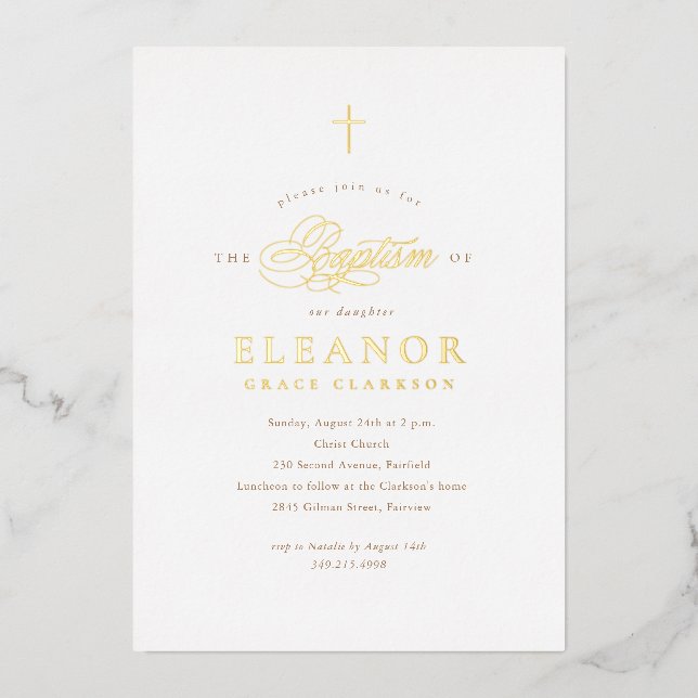 Invitación Con Relieve Metalizado Baptismo Gold Elegant Gold Cross Calligraphy (Anverso)