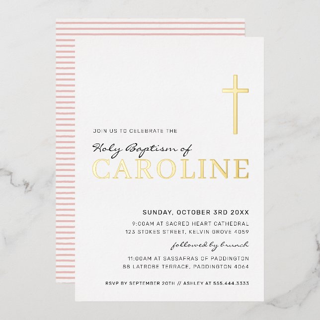 Invitación Con Relieve Metalizado BAPTISMO moderno elegante cruz bonito chica dorado (Anverso/Reverso)