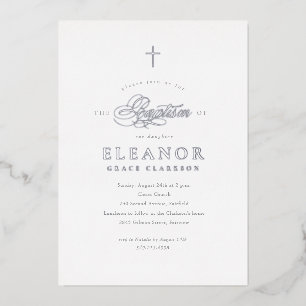 Invitación Con Relieve Metalizado Baptismo plateado elegante de la cruz de oro