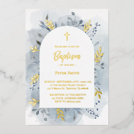 Invitación Con Relieve Metalizado Baptismo polvoriento color de agua azul plata