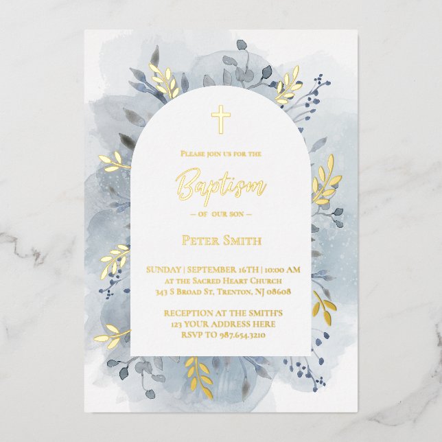 Invitación Con Relieve Metalizado Baptismo polvoriento color de agua azul plata (Anverso)