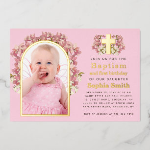 Invitación Con Relieve Metalizado Baptismo Primer cumpleaños Chica rosado orquidos d