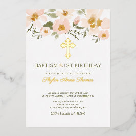 Invitación Con Relieve Metalizado Baptismo y 1.ᵉʳ Nacimiento Elegante Floración acuá
