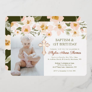 Invitación Con Relieve Metalizado Baptismo y foto de las Florales acuáticas del prim