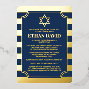 Invitación Con Relieve Metalizado Bar a rayas de Relieve metalizado dorado Mitzvah I