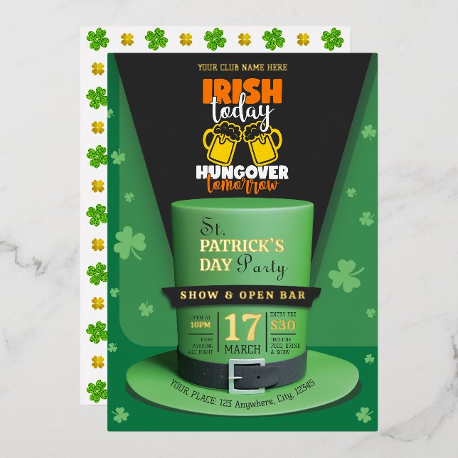 Invitación Con Relieve Metalizado Bar abierto de Fiestas en St Patrick's Day moderno (Anverso/Reverso)
