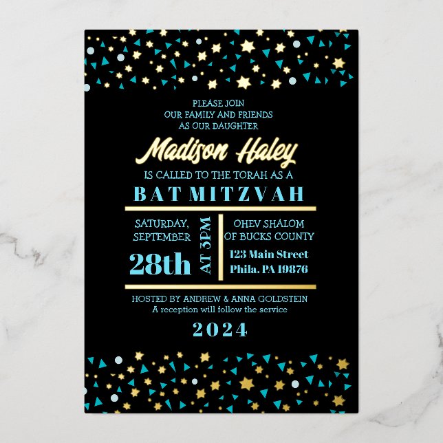 Invitación Con Relieve Metalizado Bar Aqua Stars Bat Mitzvah Invitación Relieve meta (Anverso)