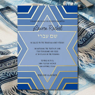 Invitación Con Relieve Metalizado Bar Bat Mitzvah Estrellas de David Superpuestas Cu