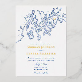 Invitación Con Relieve Metalizado Bar Harbour Maine Boda elegante marina y oro