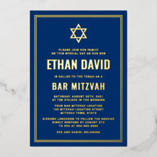 Invitación Con Relieve Metalizado Bar mitzvah azul oscuro Estrella de David oro o pl