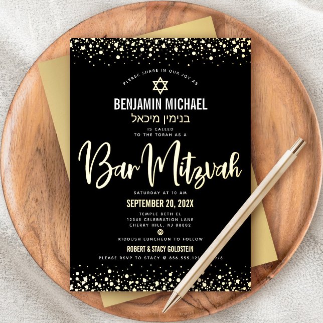 Invitación Con Relieve Metalizado Bar Mitzvah Black Modern Script Stylish Real Gold (Subido por el creador)