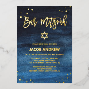 Invitación Con Relieve Metalizado Bar Mitzvah Brillante Azul y Dorado