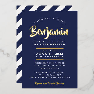 Invitación Con Relieve Metalizado BAR MITZVAH caligrafía moderna elegante azul marin
