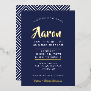 Invitación Con Relieve Metalizado BAR MITZVAH caligrafía moderna elegante azul marin