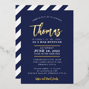 Invitación Con Relieve Metalizado BAR MITZVAH caligrafía moderna elegante navy oro F