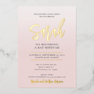 Invitación Con Relieve Metalizado BAR MITZVAH caligrafía moderna rosa rubor dorado