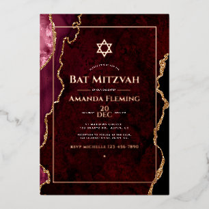 Invitación Con Relieve Metalizado Bar Mitzvah de falso ágata en burgundy y rosa dora
