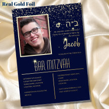 Bar Mitzvah de FOTO moderna con Hebreo Azul Dorado