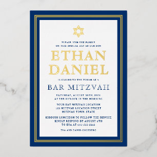 Invitación Con Relieve Metalizado Bar mitzvah Estrella de David de borde dorado azul
