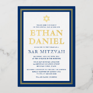 Invitación Con Relieve Metalizado Bar mitzvah Estrella de David de borde dorado azul