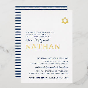 Invitación Con Relieve Metalizado BAR MITZVAH estrella moderna azul marino Hoja de o