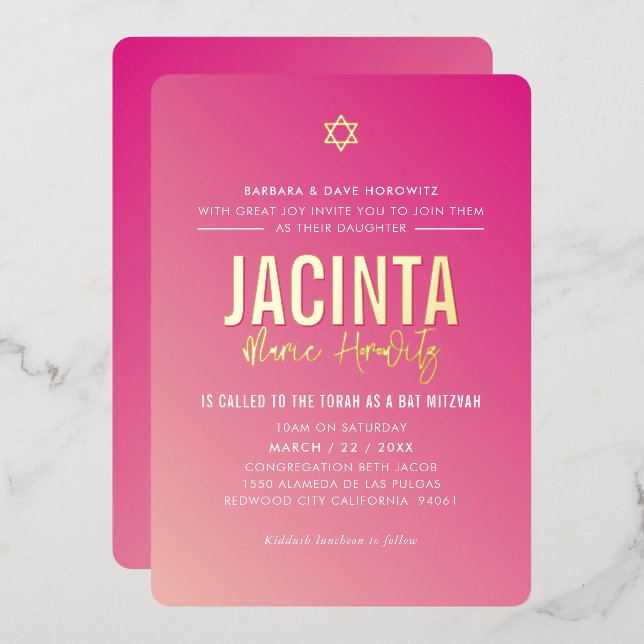 Invitación Con Relieve Metalizado BAR MITZVAH estrella moderna brillante rosa gradie (Anverso/Reverso)
