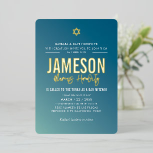Invitación Con Relieve Metalizado BAR MITZVAH estrella moderna gradiente azul menta 