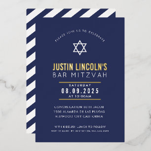 Invitación Con Relieve Metalizado BAR MITZVAH estrella simple moderna minimalista az
